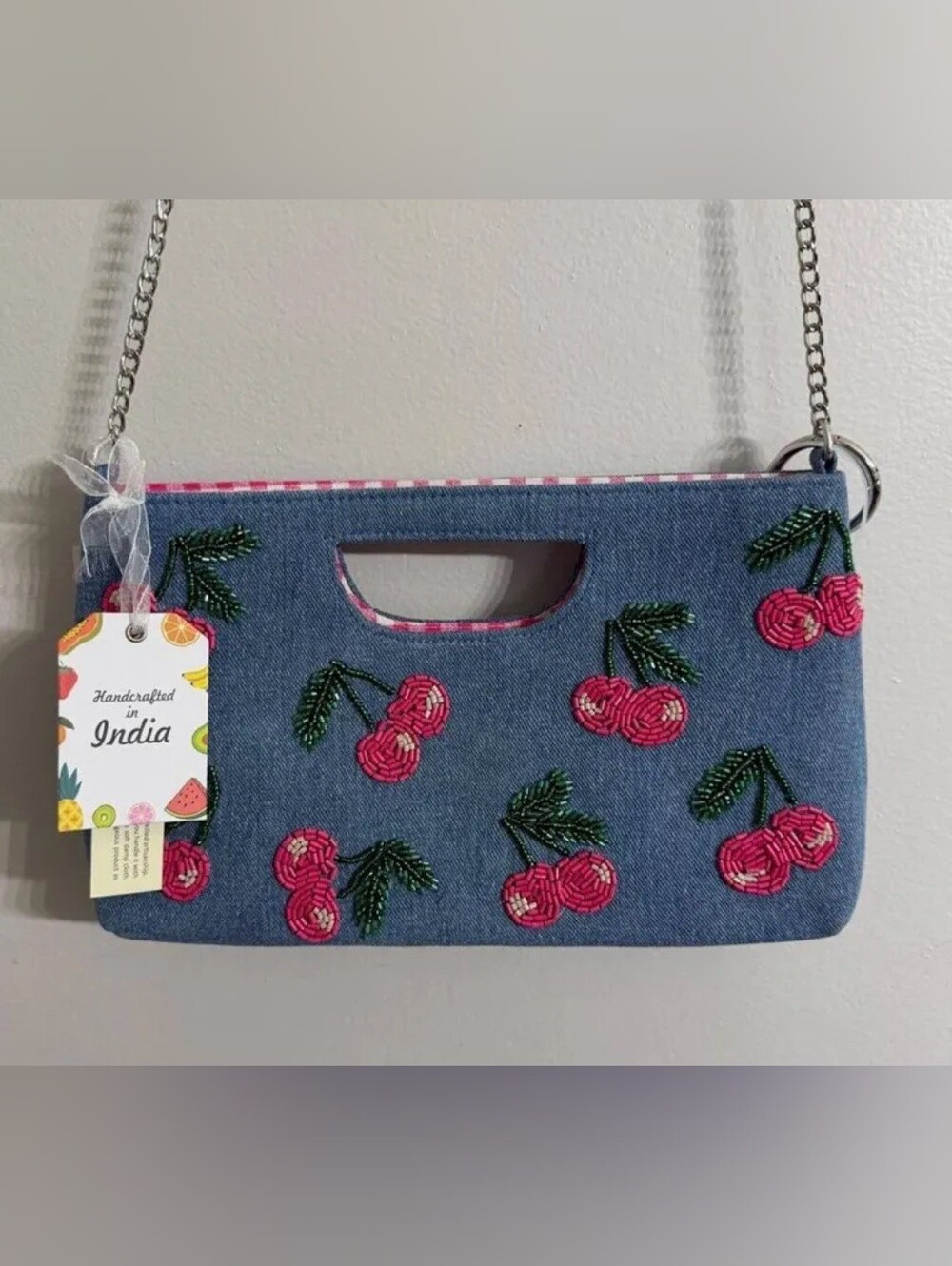 🔥VIRAL🔥 Cherry Hill Denim Beaded Crossbody Bag Pink Gingham NWT